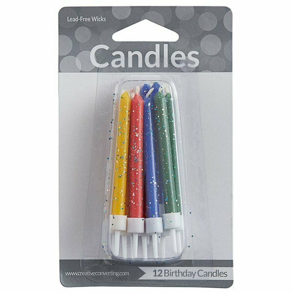 Creative Converting WM100536 3 1/4in Assorted Primary Color Glitter Candle, 12PK 286BCNDLGLTR